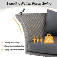 Wicker Rattan Outdoor Patio Swing Chair, 2-Person Hanging Seat, 51.9" Rattan Woven Swing Chair, Porch Swing With Ropes, Poolside Gossip Collection, Gray Wicker And Cushion