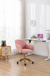 Adjustable Height 360 Revolving Home Office Chair, Soft Wool Fabric Material Desk Chair with Gold Metal Legs and Universal Wheels, Modern Computer Chair for Indoor, Pink Teddy