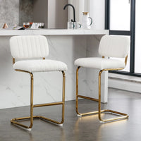 Mid-Century Modern Bar Stools Set of 2,Counter Height Bar Stools with Gold Metal Chrome Base,Upholstered Boucle Fabric Armless Barstools for Dining Room,Kitchen,Ivory