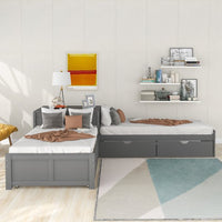 L-shaped Platform Bed with Trundle and Drawers, 3 Twin Beds in One with Built-in Desk for Kids Teens Bedroom, No Box Spring Needed, Gray