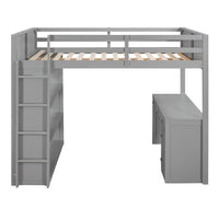 Full Size Loft Bed with Desk, Wood Loft Bed Frame with 5 Storage Drawers, 3 Tiers Shelves and Safety Guardrails, High Bed with Side Ladder for Boys Girls Teens Adults, No Box Spring Needed, Grey