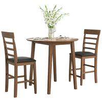 Drop-Leaf Dining Table Set of 3, Round Counter Height Drop-Leaf Table with 2 Upholstered Chairs, Rubber Wood Dining Table Set Pub Set with PU leather Cushion for Small Space Kitchen