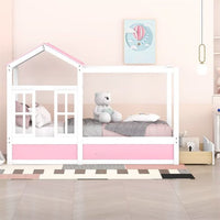 Twin House Bed, Wood Canopy Bed with 1 Storage Drawer, Playhouse Bed with Roof and Window, Montessori Bed Frame for Kids Boys Girls Teens, Pink + White