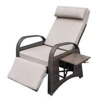 PE Wicker Chaise Lounge Chair with Flip-Up Side Table and Footrest, Adjustable Patio Reclining Chair with Removable Soft Cushion, for Garden Backyard Poolside,Khaki