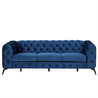 Velvet 3 Seater Sofa Couch, Upholstered 3-seat Sofa Bed Arm Couch with Button Tufted Back & Metal Legs, 3-Person Tufted High Back Sofa Leisure Couch Club Sofa for Living Room Apartment Office, Blue