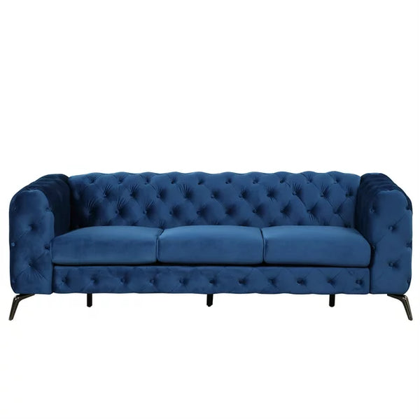 Velvet 3 Seater Sofa Couch, Upholstered 3-seat Sofa Bed Arm Couch with Button Tufted Back & Metal Legs, 3-Person Tufted High Back Sofa Leisure Couch Club Sofa for Living Room Apartment Office, Blue
