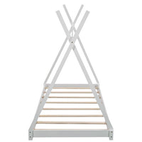 Twin Size House Bed Tent Bed for Kids Toddlers and Teens, Montessori Wood Floor Bed Frame with Sturdy Slats Support and Canopy Rack, Playhouse Design, No Box Spring Needed, White