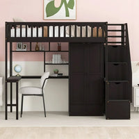 Twin Size Loft Bed with Desk and Storage Stairs, Multifunctional Loft Bed with Bookshelf, Drawers and Wardrobe, Wood Loft Bed Frame with Fence Shaped Guardrails, No Box Spring Needed, Expresso