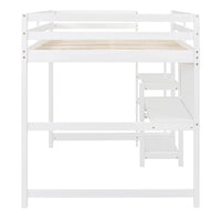 Full Size Loft Bed with Desk,Writing Board and 3-Tier Shelves,Wooden Loft Bed Frame with Safety Guardrails and Side Ladder,for Kids Teens Adults,No Box Spring Needed,White