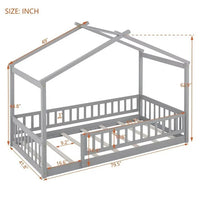 Twin Size Montessori Bed for Kids, Wood Floor Bed Frame, House Bed Frame with Fence & Roof, Solid Wood Playhouse Bed for Girls Boys Teens, Gray