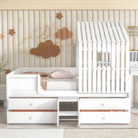 Full Size House Bed for Kids, Wooden Full Low Loft Bed with 4 Drawers, Full Storage Bed Frame with Roof and Windows, Multifunctional Cabin Playhouse Bed for Girls Boys, No Box Spring Needed, White