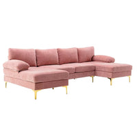 110" Accent Sofa, U-Shaped Sectional Sofa, Modern Upholstered Accent Sofa with Metal Legs and Padded Seat, 4-Seater Leisure Sofa Couch, for Living Room Apartment, Pink
