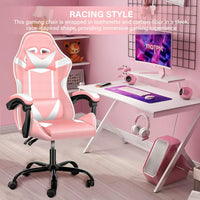 High Back PU Leather Gaming Chair, Height Adjustable Swivel Chair with Adjustable Back, Ergonomic Office Chair with Headrest & Lumbar Support, Desk Chair for Home Office, Pink/White