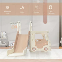 4 In 1 Kids Slide Set, Bus Slide Set with Bus Play Structure for Kids Teens Boys Girls, Freestanding Bus Toy with Slide and Basketball Hoop, Indoor & Outdoor Toys Slide Playset, Easy Setup, Beige