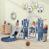 5-in-1 Toddler Slide and Swing Set, Indoor Outdoor Slide Climber Bus Playset with Basketball Hoop Freestanding Combination, Kids Playground Climber Slide Playset, Outdoor Playground Slide, Blue+Gray