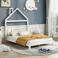 Full Size Platform Bed Wood Platform Bed with House-shaped Headboard Low Floor Bed Platform Bed with Solid Wood Slats, Montessori Bed for Boys Girls, No Box Spring Needed, White
