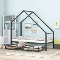 Metal Bed Frame, Twin Size House Bed with 2 Storage Drawers and Roof for Kids,Teens, Playhouse Design Bed Frame with Slats Support, No Box Spring Required, Black