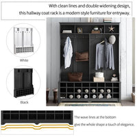 60" Wide Coat Rack with Black Metal Hooks,Hall Tree with Entryway Bench and 24 Shoe Cubbies,Hallway Storage Cabinet for Hallway Living Room Bedroom