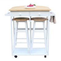 3Pcs Wood Dining Table Set, Rolling Casters Breakfast Cart Set with 1 Side Folding Drop Leaf 2 Drawers Kitchen Island Cart with 2 Stools Space Saving for Kitchen Living Room