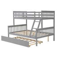 Detachable Twin over Full Bunk Bed with Trundle, Triple Kids Bunk Beds, Pull-out Combination Bed with Casters, Wooden Bed Frame for Kids Adults, Convertible to 2 Platform Beds with Guardrails, Gray
