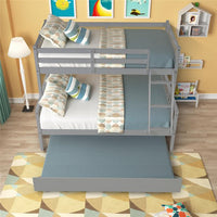 Detachable Twin over Full Bunk Bed with Trundle, Triple Kids Bunk Beds, Pull-out Combination Bed with Casters, Wooden Bed Frame for Kids Adults, Convertible to 2 Platform Beds with Guardrails, Gray