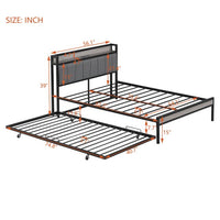 Full Size Platform Bed with Twin Size Trundle, Metal Platform Bed Frame with Upholstered Headboard, Sockets and USB Ports, Sturdy Slat Support Full Size Bed Frame, No Box Spring Needed, Black