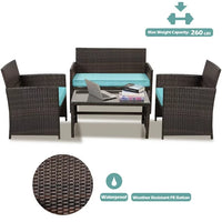 4 Pieces Outdoor Wicker Furniture Sets, PE Rattan Patio Furniture Conversation Sets with Soft Cushions, Table with Glass Tabletop for Lawn, Garden, Backyard, Teal