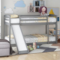Bunk Bed with Convertible Slide for Kids Teens, Twin Over Twin Floor Bunk Bed with Ladder for Kids Bedroom, Wood Low Bunk Bed Frame No Box Spring Required, Gray, 79.2" L x 83.4" W x 49.2" H