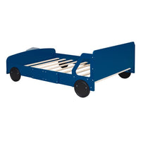 Full Size Car-Shaped Platform Bed, Modern Kids Bed with Wheels Rails, No Box Spring Required Fit 6" Mattress 400Lbs Load 77.2"L x 55.9"W x 29.9"H, Blue