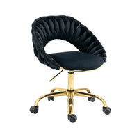Velvet Office Chair with Hand Woven Backrest,Adjustable Swivel Accent Armchair,Upholstered Tufted Vanity Chair with Gold Base,Ergonomic Study Chair Computer Desk Chair for Living Room Bedroom,Black