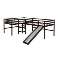 L-Shaped Loft Bed with Slide, Twin Size Low Loft Bed Frame with 2 Built-in Ladders and Full-length Guardrail Multifunctional Loft Bed Perfect for Boys Girls Noise Free, No Box Spring Needed, Espresso
