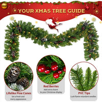 Pre-lit Artificial Xmas Tree Christmas 4-Piece Set, Christmas Garland, Wreath and Set of 2 Entrance Trees X-mas with LED Lights, Christmas Tree Celebrating Set, for Home Front Door, Porch, Green