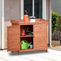 39" Outdoor Potting Bench Table, Rustic Garden Wood Workstation, Waterproof Tool Shed, Storage Cabinet Garden Shed with 2-Tier Shelves and Side Hook, for Mudroom, Backyard, Orange