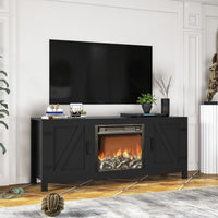 TV Stand for TVs Up to 65 Inch, Fireplace Media Console Table with Barn Doors, Electric Heater with Adjustable Brightness & Remote, Wooden TV Stand with 25 Inch Fireplace
