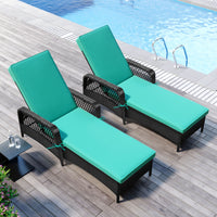 JINS&VICO Outdoor Patio Pool PE Rattan Chair, Wicker Sun Lounger with 6 Adjustable Angles Backrest, Set of 2 Lounge Chair with Armrest for Beach Garden Backyard, Black Wicker and Green Cushion