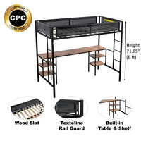 Twin Size Loft Bed with Table Desk and Shelves Underneath,Twin Bed Frame with Ladder and Guard Rails for Kids,Bedroom, Dorm,Black