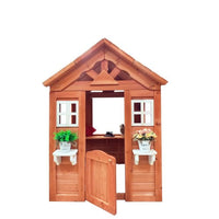 Wooden Kids Playhouse, Backyard Modern Outdoor Wooden Playhouse, Cottage, Stove, Windows, 2 windows and flowerpot holder, 42" L x 46" W x 55" H, Golden Red