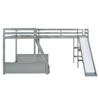 Triple Beds with Desk and Slide, Twin over Full L-shaped Bunk Bed and Loft Bed, Wood Bed Frame with Full-Length Guardrail and 2 Ladders, Gray