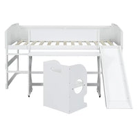 Twin Loft Bed with Rolling Portable Desk and Chair, Wooden Low Loft Bed Frame with Slide for Kids, Versatile Storage Bed with Ladder and Full-length Guardrails, Space Saving, White
