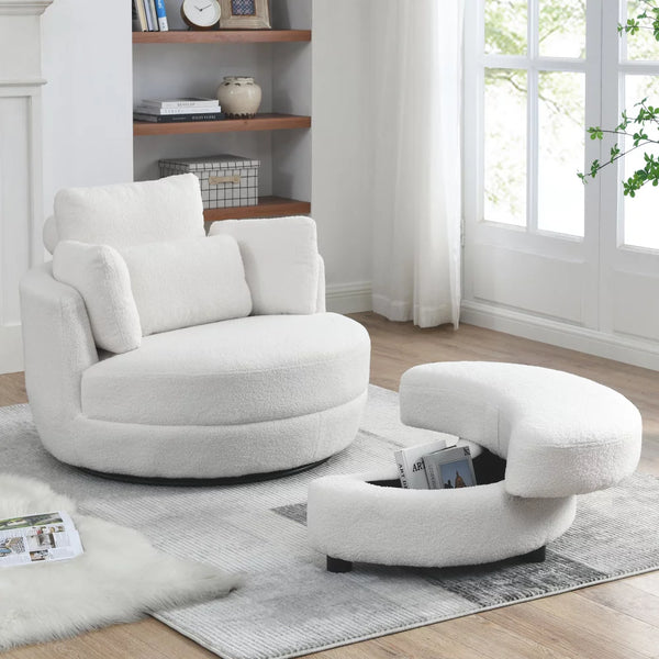 39"W Swivel Barrel Chair with Half-Moon Shape Storage Ottoman,Accent Chair with 4 Padded Pillows & Solid Wood Frame,Linen Fabric Round Swivel Sofa Chair,Lounge Chair for Living Room,Bedroom,Hotel