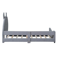 Lovely Teddy Fleece Twin Size Bed, Bed Frame with Side Fense, OX Horn Shaped Headboard, Upholstered Bed Frame of High Load-Bearing Capacity, Noise-Free, Gray