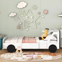Kids Bed Frame Full Size, Car Bed for Boys Girls with Decorative Wheels and Guardrail, Wooden Platform Bed Frame, 400LBS Weight Capacity, White