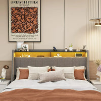 Full Size Platform Bed with LED,Linen Fabric Upholstery Platform Bed Frame with Wings Storage Headboard Design and 4 Drawers,Light Grey