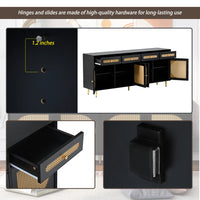 TV Stand with Rattan Door, Console Sideboard Cabinet with 4 Doors and 4 Drawers,Media Accent Kitchen Storage Cabinet,Country Style Design Side Board with Gold Metal Base for Living Room
