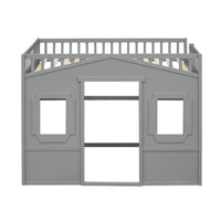Twin Size Loft Bed with Windows and Door, Solid Wood Loft Bed Frame with Ladder and Safety Guardrails House Loft Bed for Kids Boys Girls, No Box Spring Needed, Gray