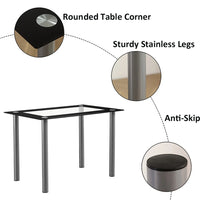 5 Pieces Dining Table Set, 43" Kitchen Table with Tempered Glass Tabletop & 4 PU Padded Dining Chairs, Modern Dining Table Set for 4 with Stainless Legs, Black