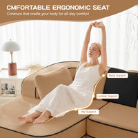 TRIPLE TREE 106" Teddy Fabric 32D Boneless Sofa,Modular Sectional Sofa with Curved Armrest,Contrast Color Design with Pillow,Fluffy Comfy Couch with L Shaped Chaise,for Living Room,No Assembly Required,Camel