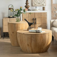 Wood Coffee Table, Natural Round Wooden Coffee Tables Living Room with Storage, Solid Wood Circle Center Table, Modern Farmhouse Furniture Style, Two-piece Set