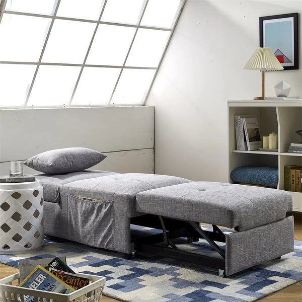 Ottoman Sofa Bed, 4 in 1 Multi-Function Folding Sleeper Couch Bed with Large Pockets and Pillow, Modern Convertible Chaise Lounge Chair with Adjustable Backrest for Living Room Small Apartment, Gray