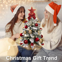 Pre-Lit Mini Christmas Tree 24'' Tabletop Christmas Tree with LED Lights and Hanging Ornaments Small Flocked Snow Xmas Tree for Table Top Home Office Holiday Decoration, Red